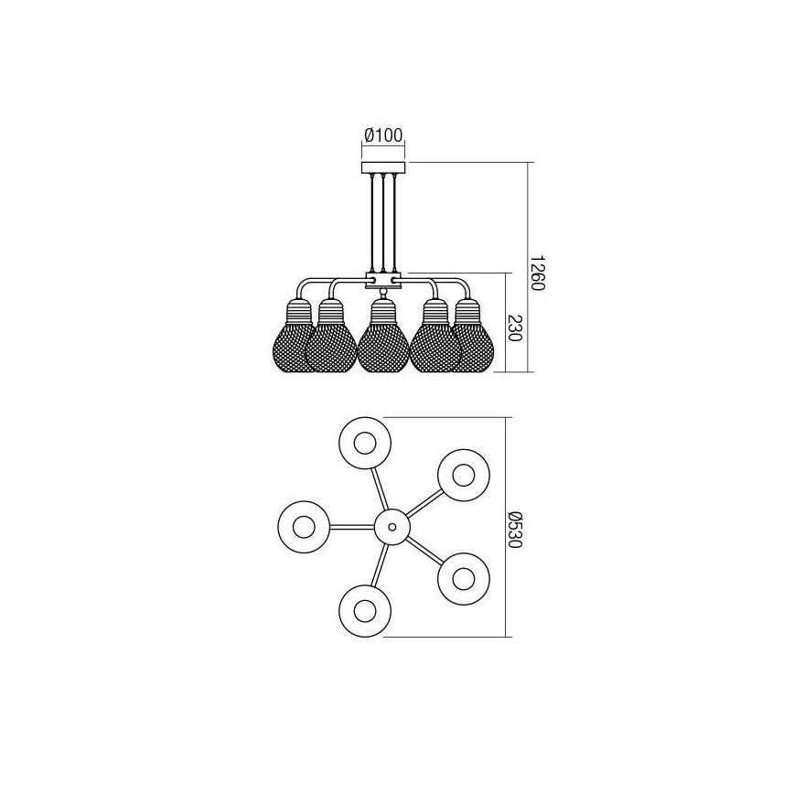 Redo 01-1580 - Luster na sajli EDISON 5xE27/42W/230V Ø 53 cm crna/bakrena