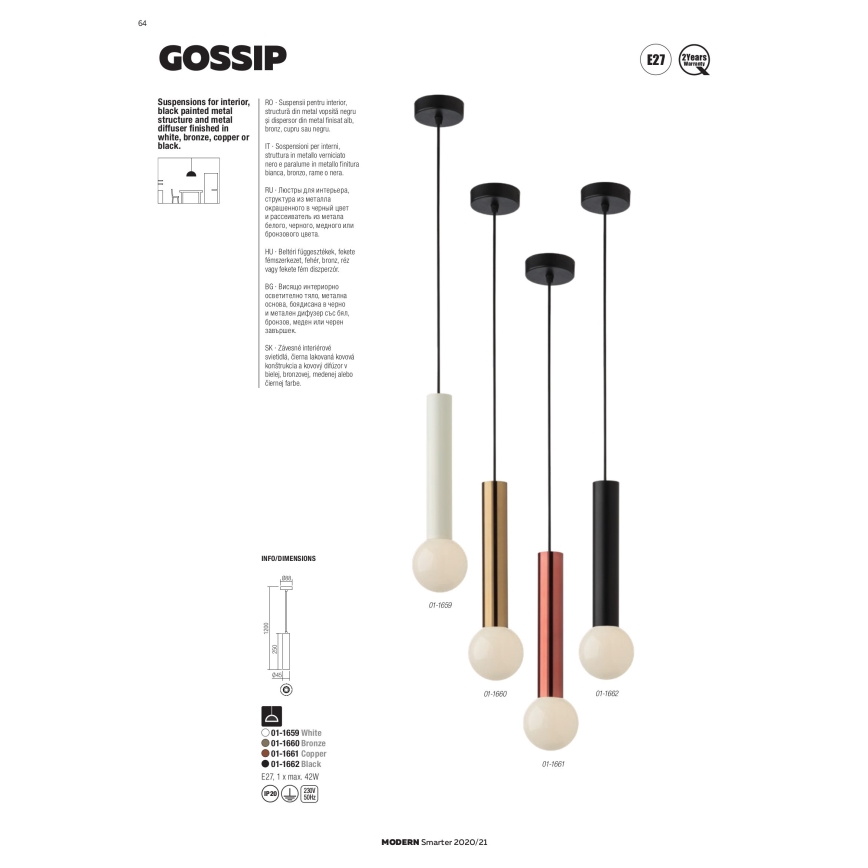 Redo 01-1661 - Luster na sajli GOSSIP 1xE27/42W/230V bakar