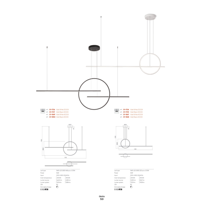 Redo 01-1734 - LED Prigušivi luster na sajli GIOTTO LED/46W/230V bijela