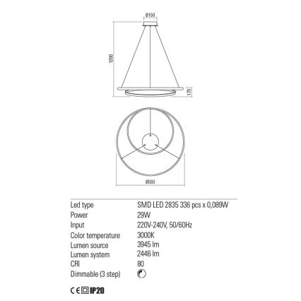 Redo 01-1793 - LED Prigušivi luster na sajli TORSION LED/29W/230V pr. 55 cm bijela