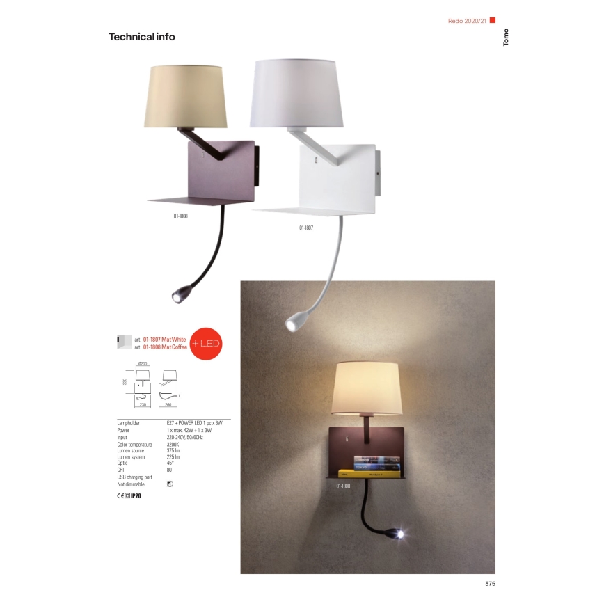 Redo 01-1807 - LED zidna svjetiljka s fleksibilnom lampicom TOMO 1xE27/42W/230V + LED/3W/230V bijela