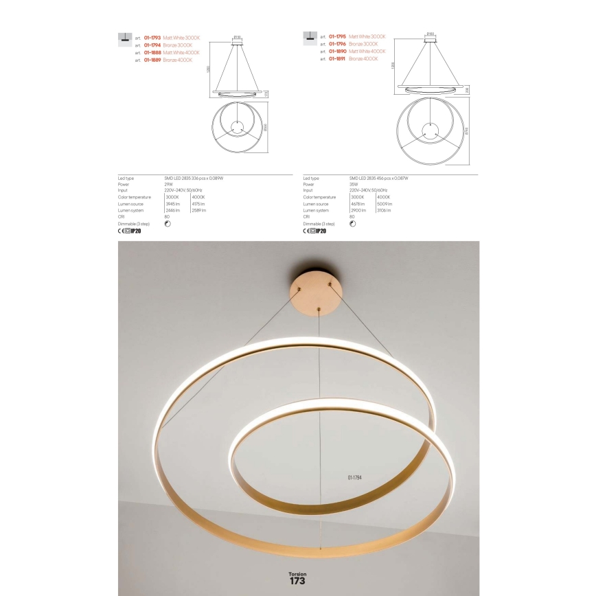 Redo 01-1890 - LED luster s mogućnošću prigušivanja na sajli TORSION LED/35W/230V 4000K Ø 75 cm bijela