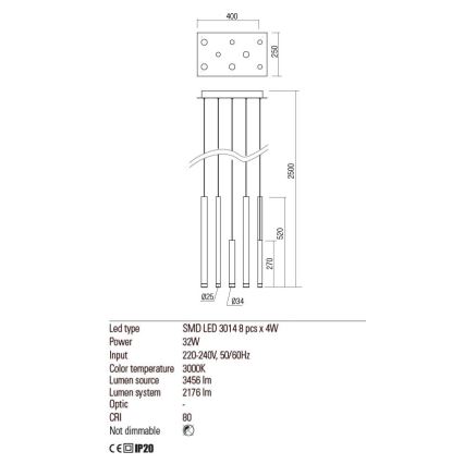 Redo 01-2046 - LED Luster na sajli MADISON 8xLED/4W/230V zlatna