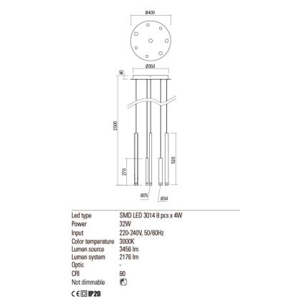 Redo 01-2050 - LED Luster na sajli MADISON 8xLED/4W/230V zlatna