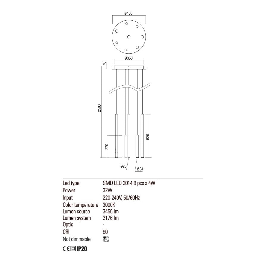 Redo 01-2050 - LED Luster na sajli MADISON 8xLED/4W/230V zlatna