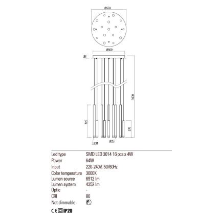 Redo 01-2058 - LED Luster na sajli MADISON 16xLED/4W/230V zlatna