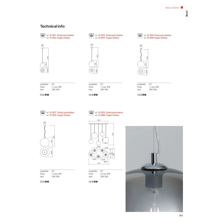 Redo 01-2080 - Luster na sajli BOWL 5xE27/42W/230V bakar