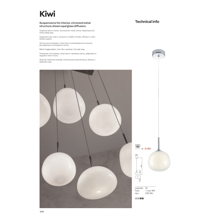 Redo 01-2081 - Luster na sajli KIWI 1xG9/40W/230V Ø 12 cm sjajni krom/bijela