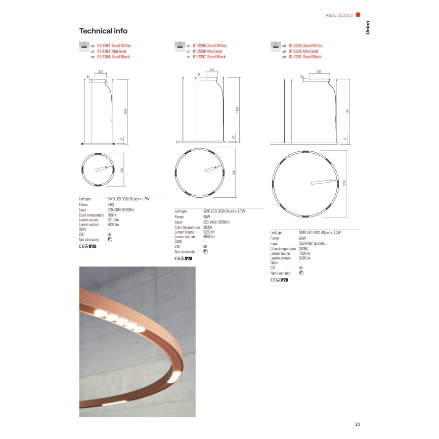 Redo 01-2209 - LED Luster na sajli UNION LED/68W/230V CRI 90 3000K pr. 120 cm zlatna