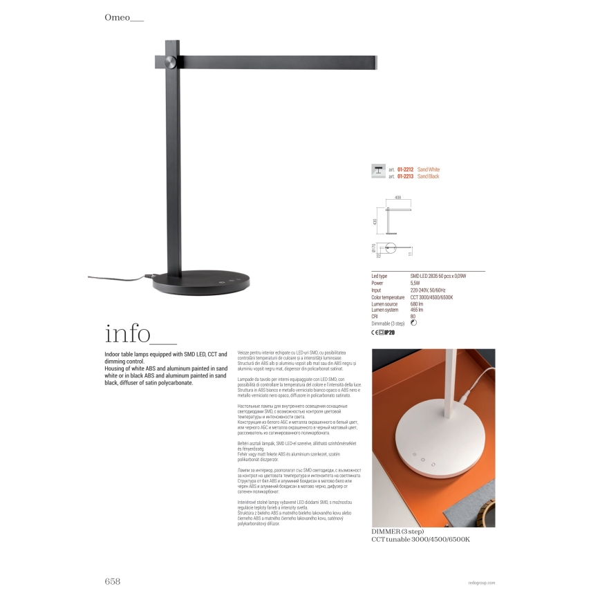 Redo 01-2212 - LED Prigušiva stolna lampa na dodir OMEO LED/5,5W/230V 3000/4500/6500K bijela
