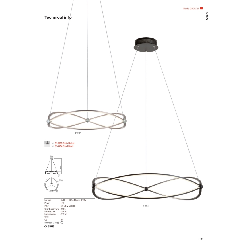 Redo 01-2254 - LED Prigušivi luster na sajli QUARK LED/54W/230V 3000K pr. 80 cm crna