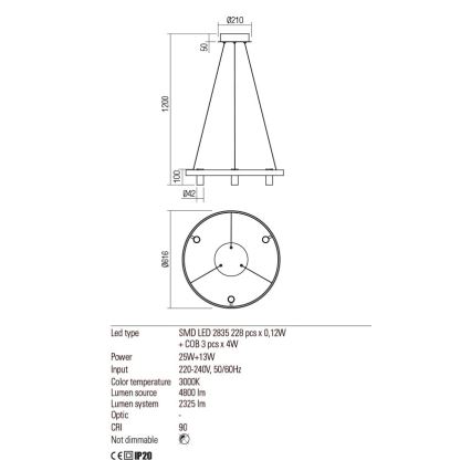 Redo 01-2490 - LED Luster na sajli SUMMIT LED/38W/230V CRI 90 pr. 61,6 cm zlatna