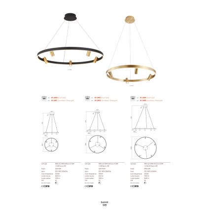 Redo 01-2492 - LED Luster na sajli SUMMIT LED/53,5W/230V CRI 90 pr. 80,8 cm zlatna