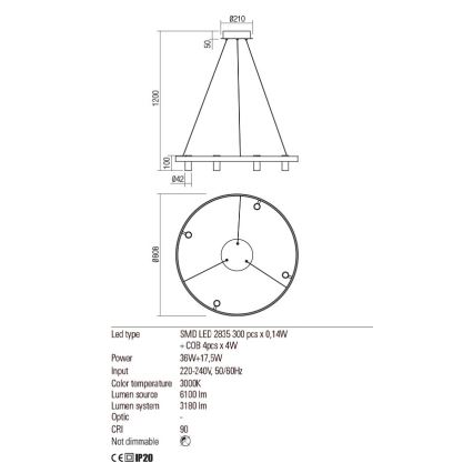 Redo 01-2492 - LED Luster na sajli SUMMIT LED/53,5W/230V CRI 90 pr. 80,8 cm zlatna