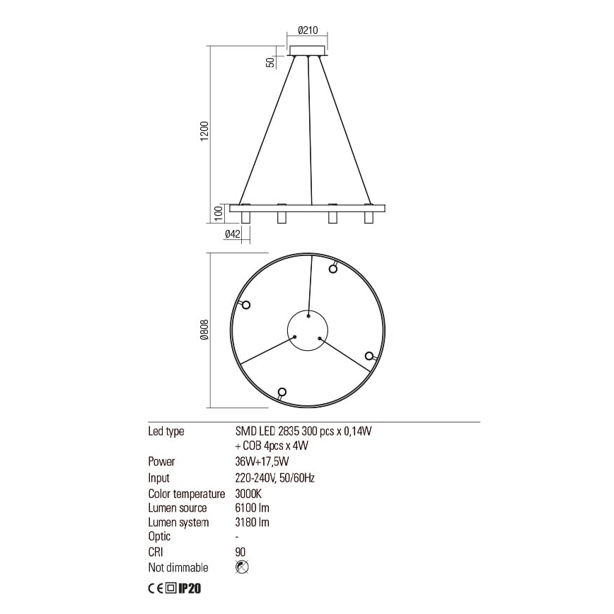 Redo 01-2492 - LED Luster na sajli SUMMIT LED/53,5W/230V CRI 90 pr. 80,8 cm zlatna