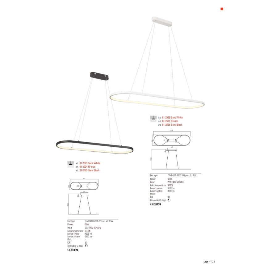 Redo 01-2523 - LED Prigušivi luster na sajli LAP LED/32W/230V CRI 90 bijela