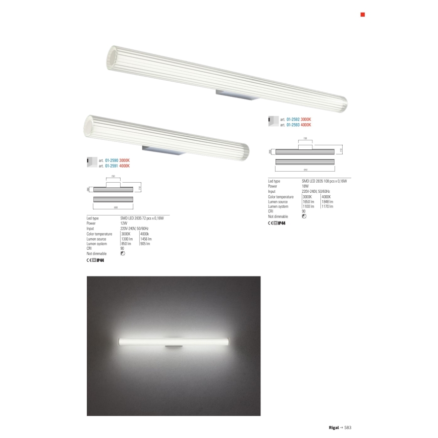 Redo 01-2592 - LED kupaonsko osvjetljenje za ogledalo RIGAL LED/18W/230V 3000K 91 cm CRI 90 IP44 sjajni krom/bijela