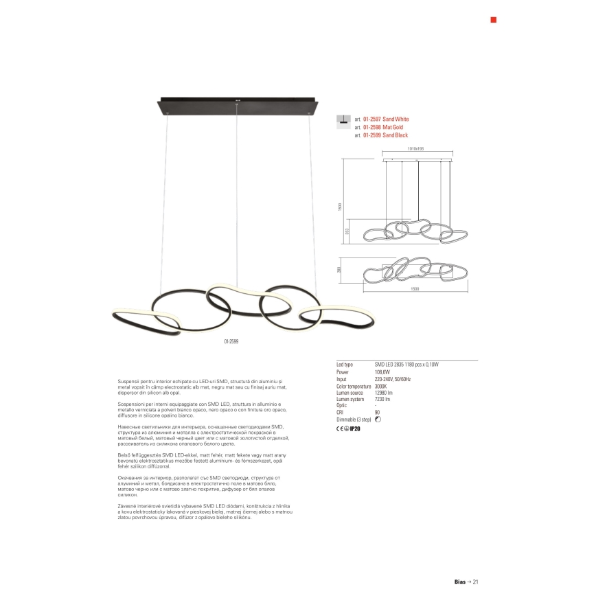 Redo 01-2599 - LED Prigušivi luster na sajli BIAS LED/108,6W/230V CRI 90 3000K crna