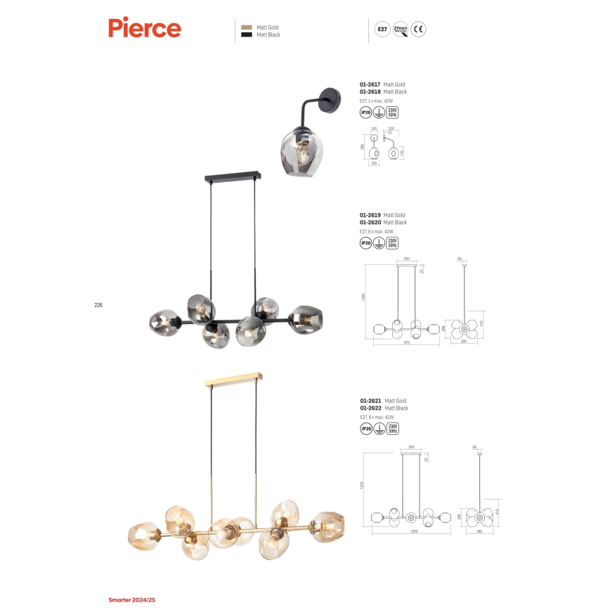 Redo 01-2617 - Zidna lampa PIERCE 1xE27/42W/230V zlatna/dimna