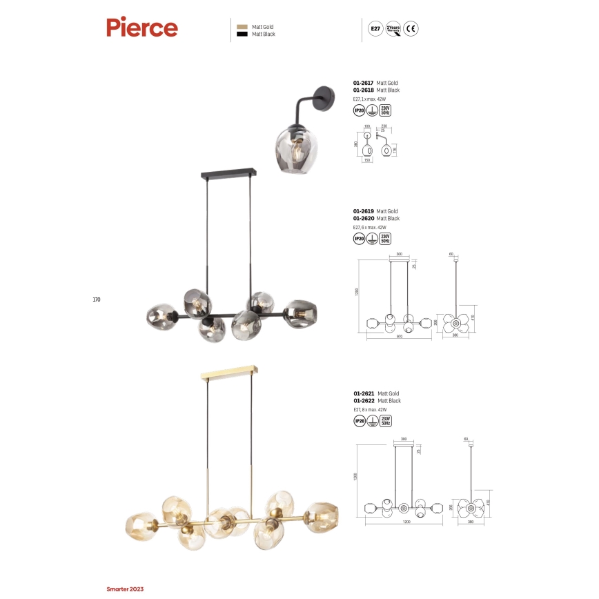 Redo 01-2622 - Luster na sajli PIERCE 8xE27/42W/230V crna/dimna