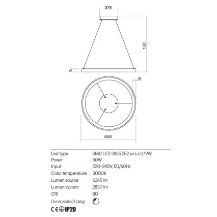 Redo 01-2673 - LED Prigušivi luster na sajli ICONIC LED/50W/230V pr. 58 cm zlatna