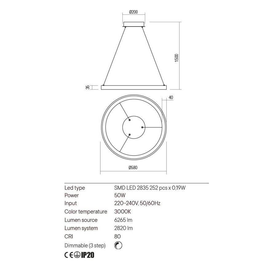 Redo 01-2674 - LED Prigušivi luster na sajli ICONIC LED/50W/230V pr. 58 cm crna