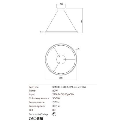 Redo 01-2676 - LED Prigušivi luster na sajli ICONIC LED/60W/230V pr. 78 cm zlatna