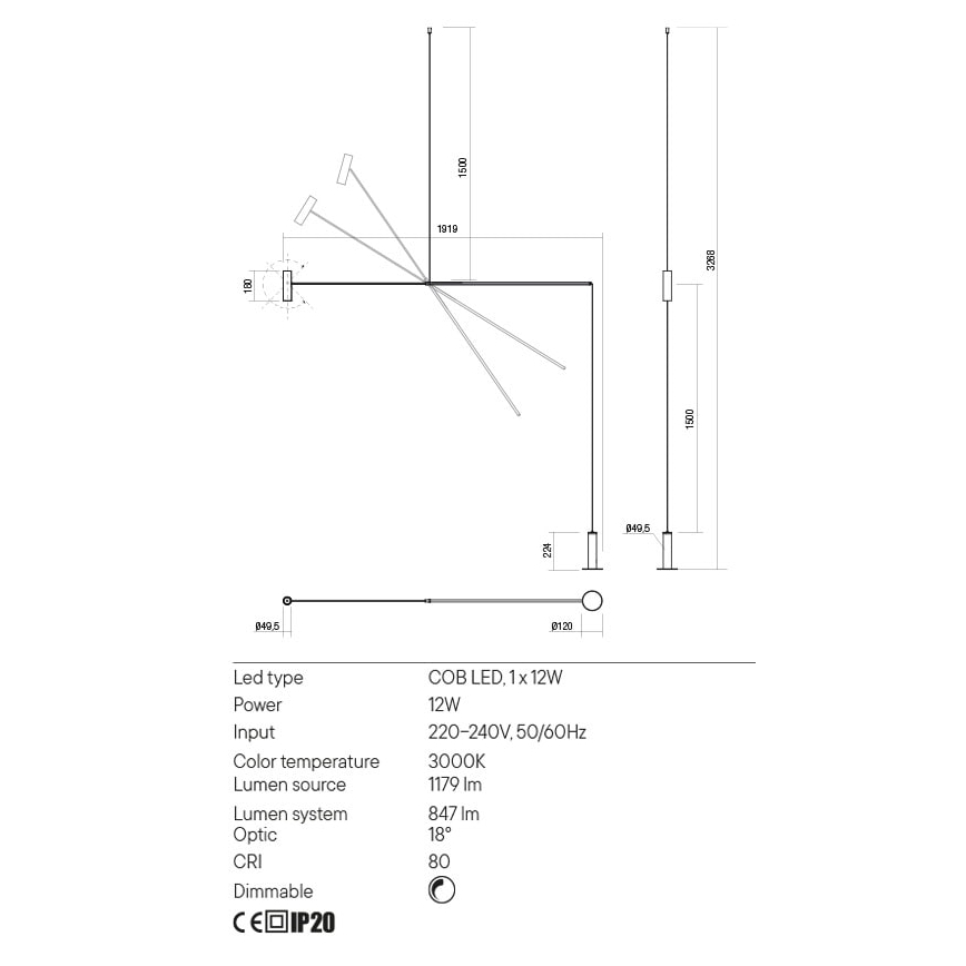 Redo 01-2695 - LED Prigušiva podna lampa PICAS LED/12W/230V crna