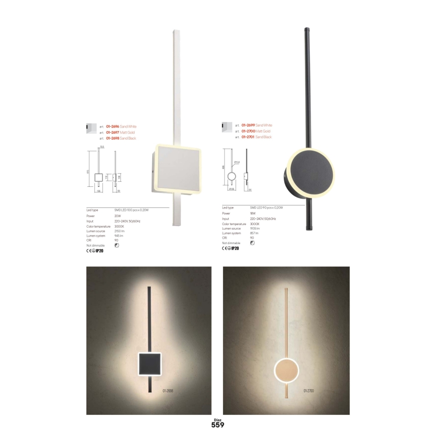 Redo 01-2697 - LED zidna svjetiljka DIAZ LED/20W/230V CRI 90 zlatna