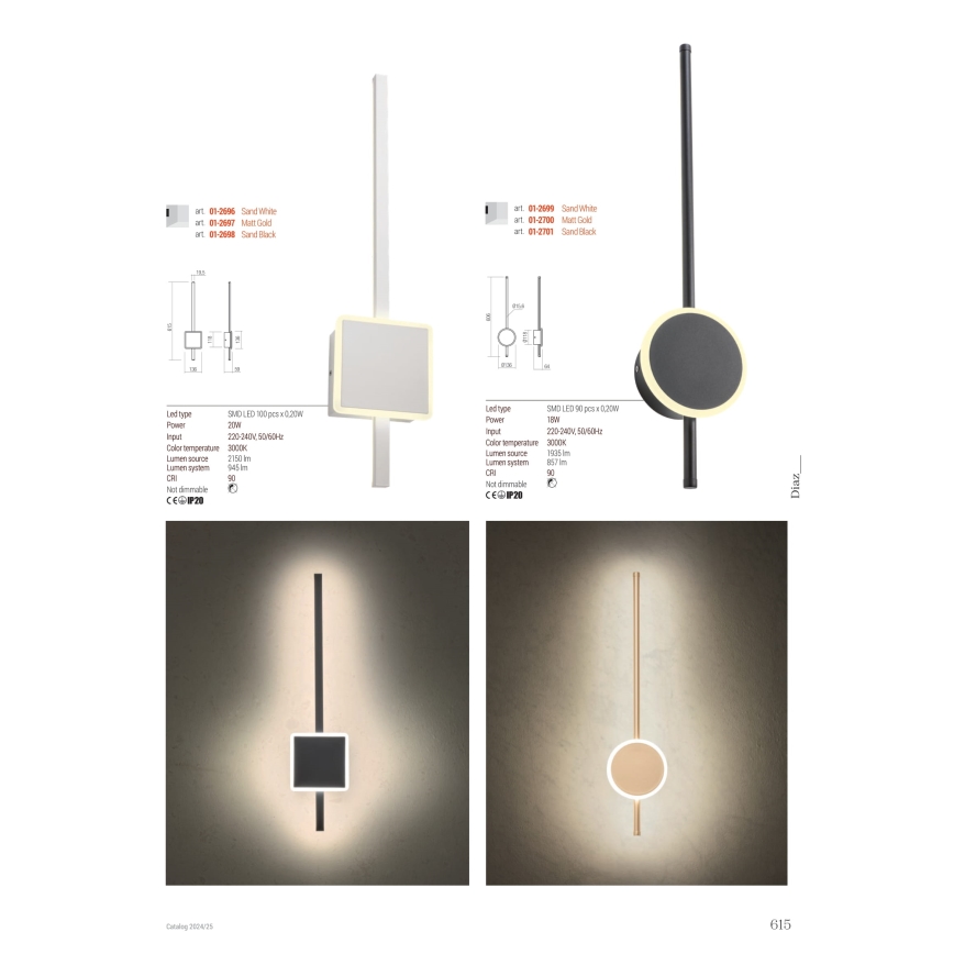 Redo 01-2701 - LED Zidna svjetiljka DIAZ LED/18W/230V CRI 90 crna