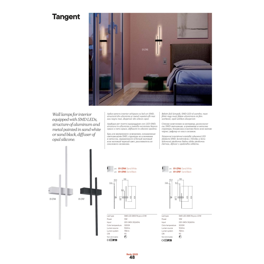 Redo 01-2746 - LED zidna svjetiljka TANGENT LED/13W/230V 3000K 63,4 cm CRI 90 bijela