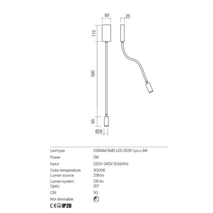 Redo 01-2754 - LED Zidna lampa WALLIE LED/3W/230V USB CRI 90 bijela