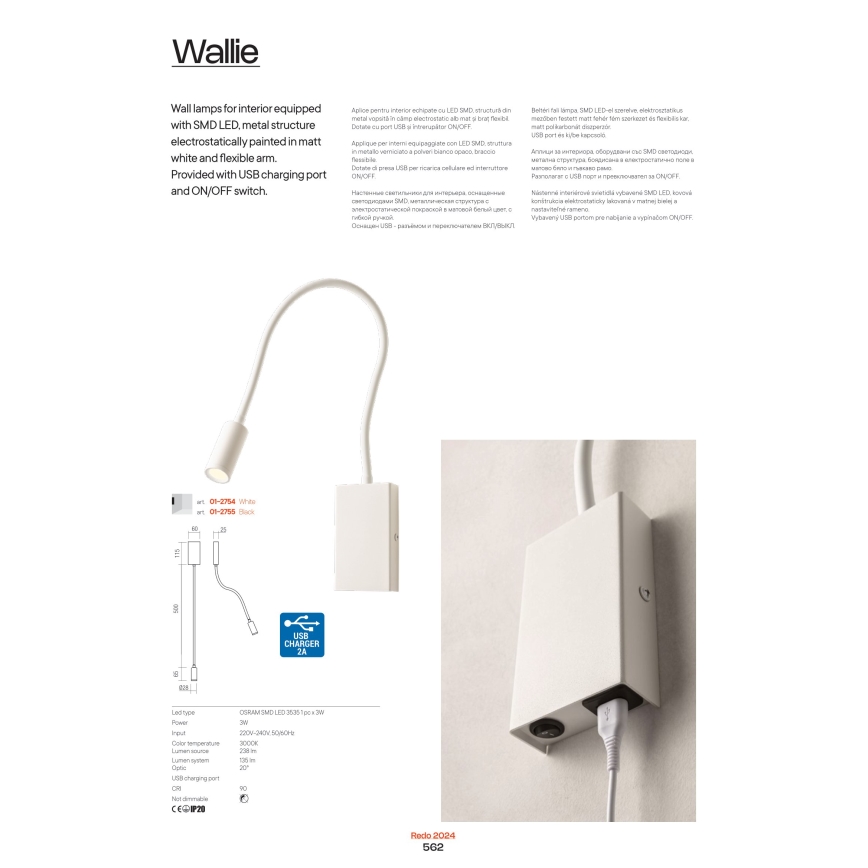 Redo 01-2755 - LED Fleksibilna lampica WALLIE LED/3W/230V USB CRI 90 crna