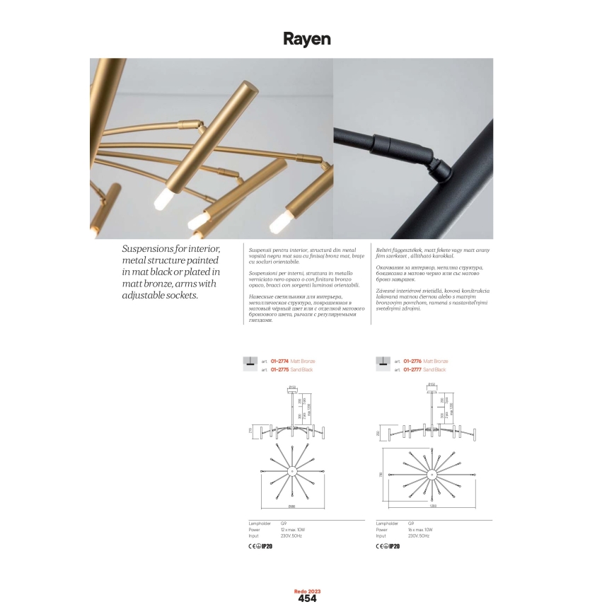 Redo 01-2774 - Viseći luster RAYEN 12xG9/10W/230V bronca