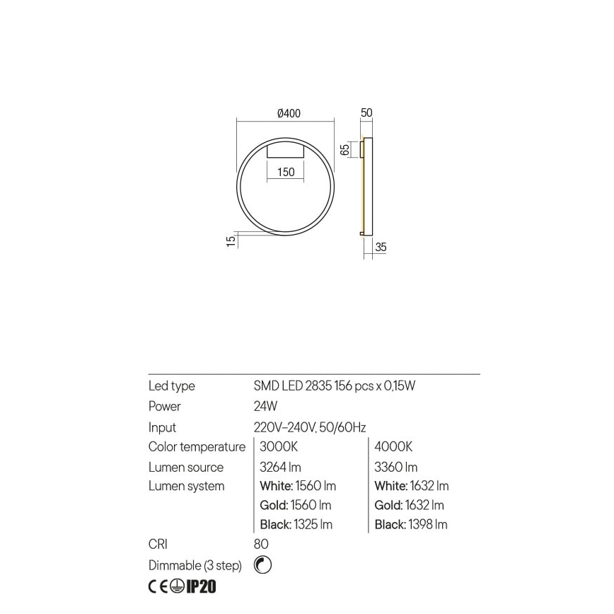 Redo 01-2817 - LED Prigušiva zidna svjetiljka FEBE LED/24W/230V zlatna