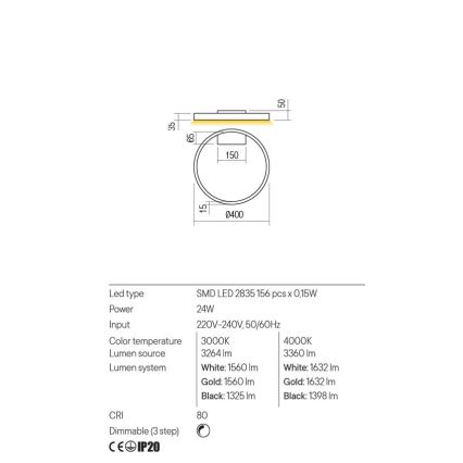 Redo 01-2835 - LED Prigušiva zidna svjetiljka FEBE LED/24W/230V zlatna