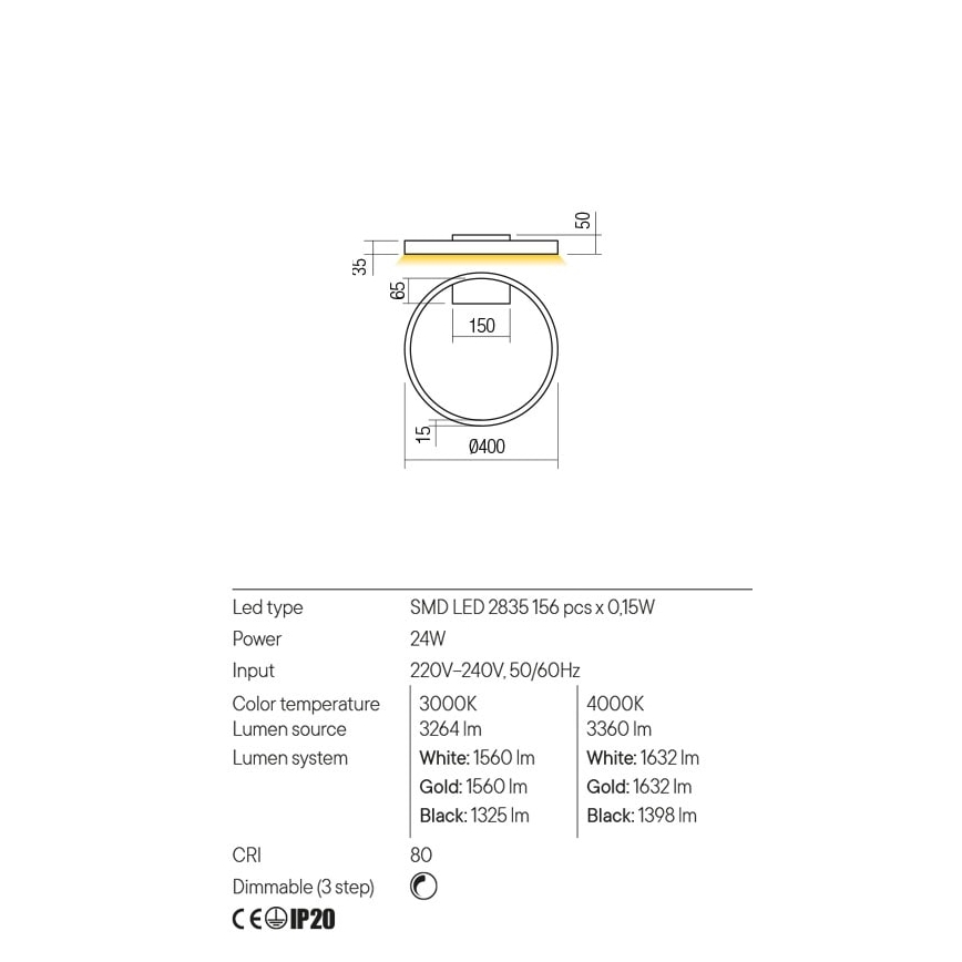 Redo 01-2835 - LED Prigušiva zidna svjetiljka FEBE LED/24W/230V zlatna