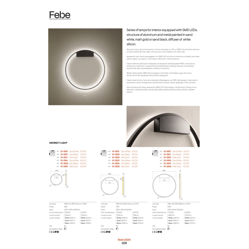 Redo 01-2835 - LED zidno svjetlo s mogućnošću prigušivanja FEBE LED/24W/230V zlatno