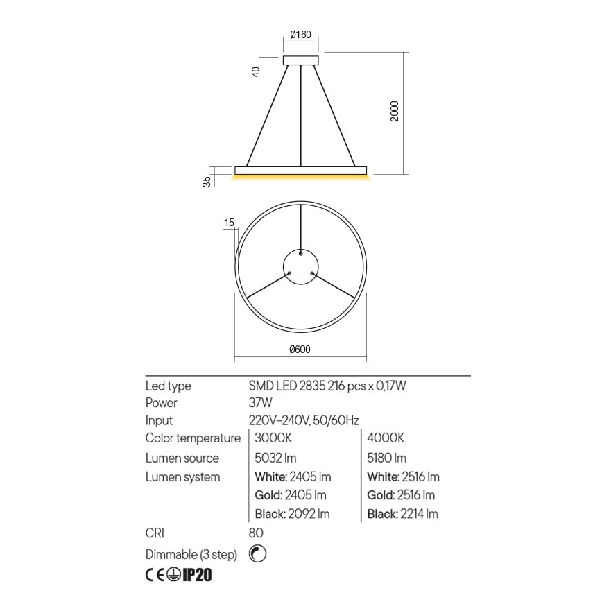 Redo 01-2865 - LED luster s mogućnošću prigušivanja na sajli FEBE LED/37W/230V zlatni