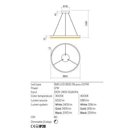 Redo 01-2865 - LED Prigušivi luster na sajli FEBE LED/37W/230V zlatna