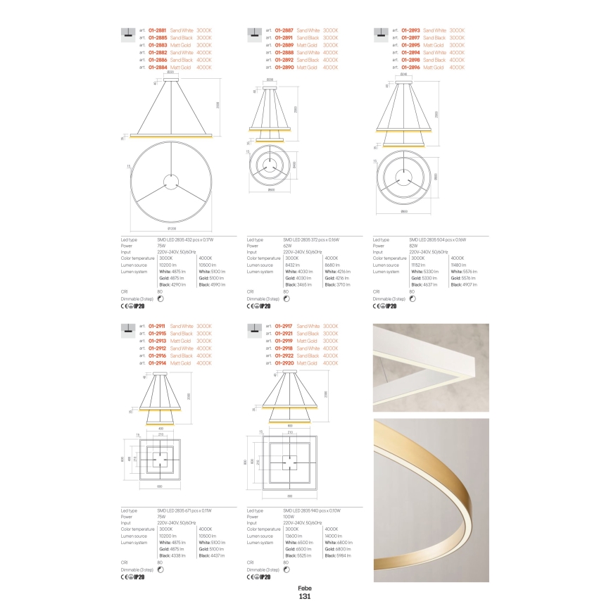 Redo 01-2889 - LED luster na sajli s mogućnošću prigušivanja FEBE LED/62W/230V zlatni
