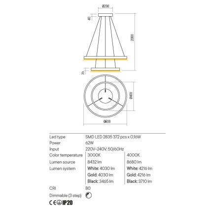 Redo 01-2889 - LED luster na sajli s mogućnošću prigušivanja FEBE LED/62W/230V zlatni