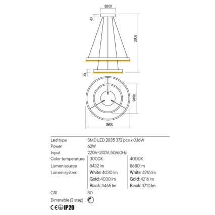 Redo 01-2889 - LED Prigušivi luster na sajli FEBE LED/62W/230V zlatna