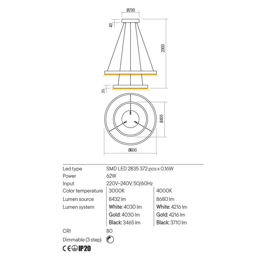 Redo 01-2889 - LED Prigušivi luster na sajli FEBE LED/62W/230V zlatna