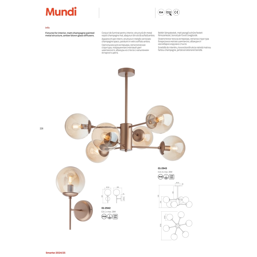 Redo 01-2942 - Zidna svjetiljka MUNDI 1xE14/28W/230V bakrena/dimna