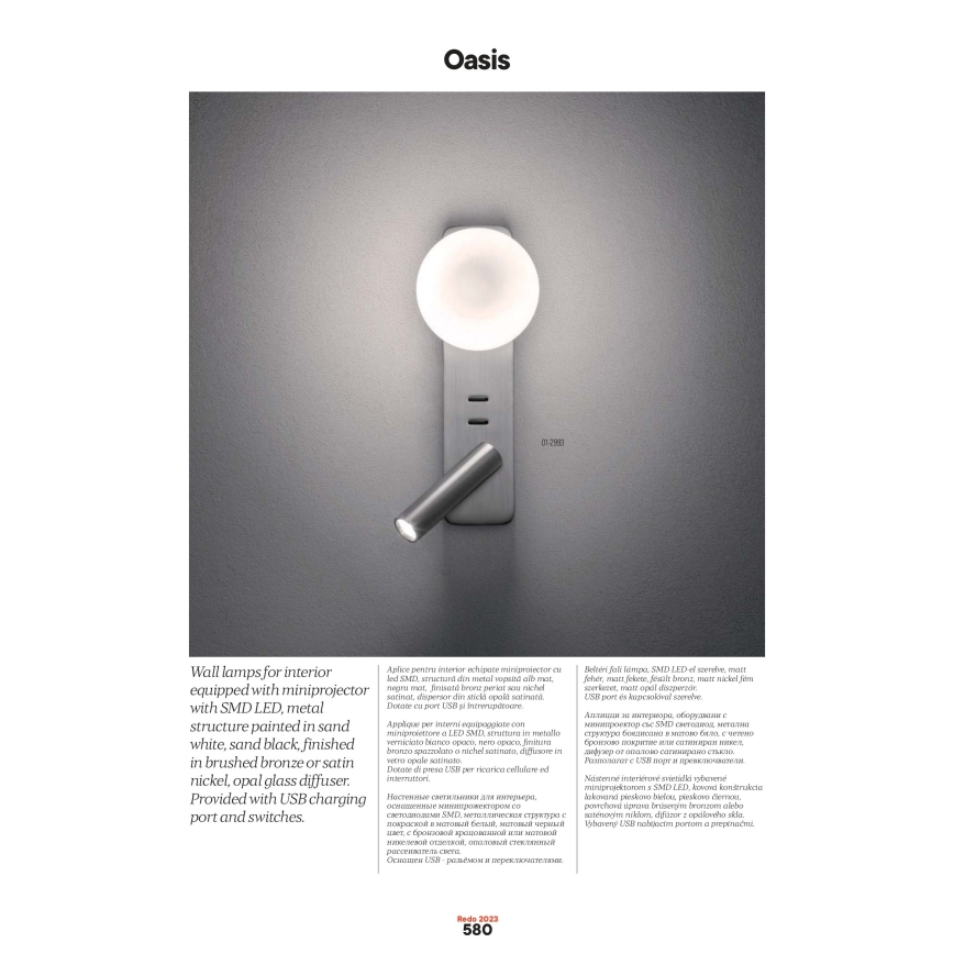 Redo 01-2994 - LED zidna svjetiljka OASIS LED/3W/230V + 1xG9/10W USB CRI 90 crna