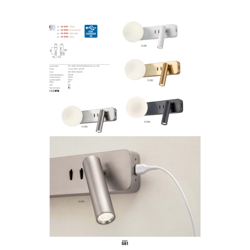 Redo 01-2994 - LED zidna svjetiljka OASIS LED/3W/230V + 1xG9/10W USB CRI 90 crna