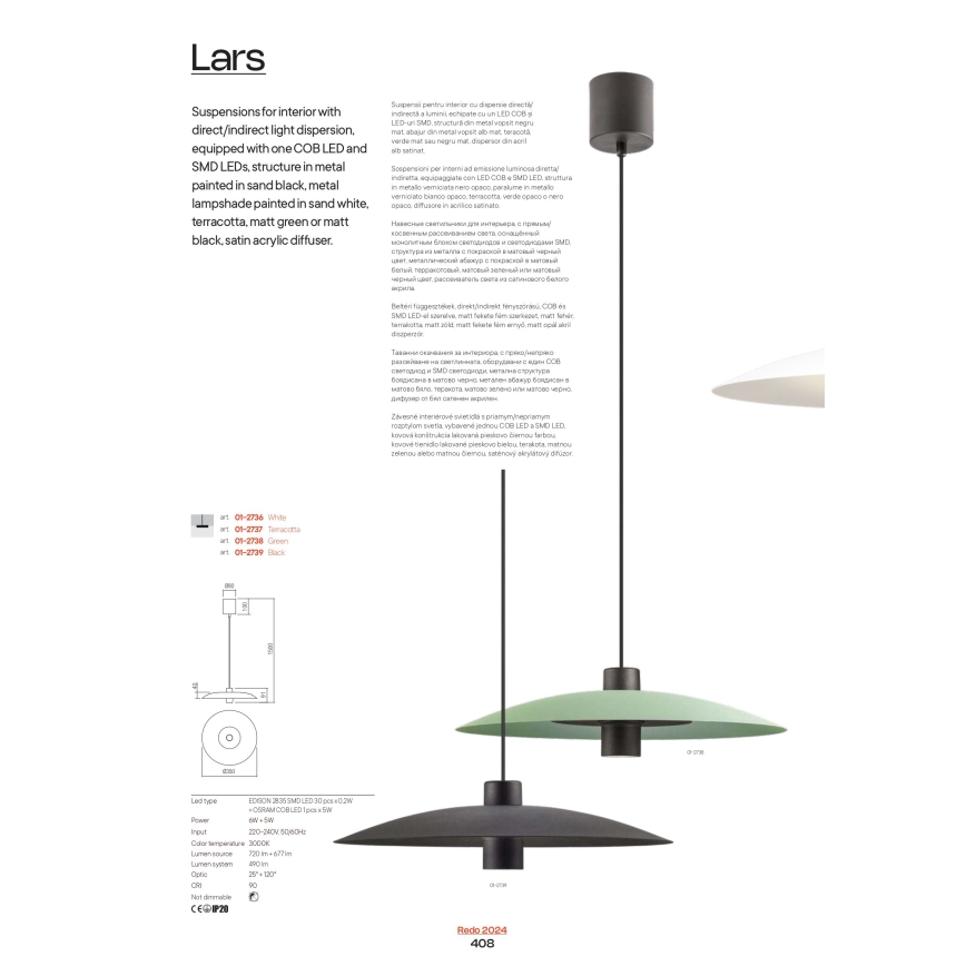 Redo 01-3021 - LED luster na sajli LARS LED/14W/230V + LED/10W, promjer 60 cm, CRI 90, crna