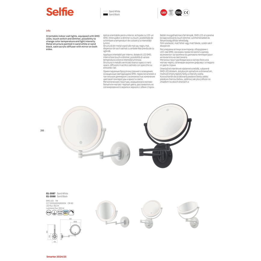 Redo 01-3087 - LED Prigušivo dodirno kozmetičko ogledalo SELFIE LED/7W/230V 3000/4000/6000K bijela