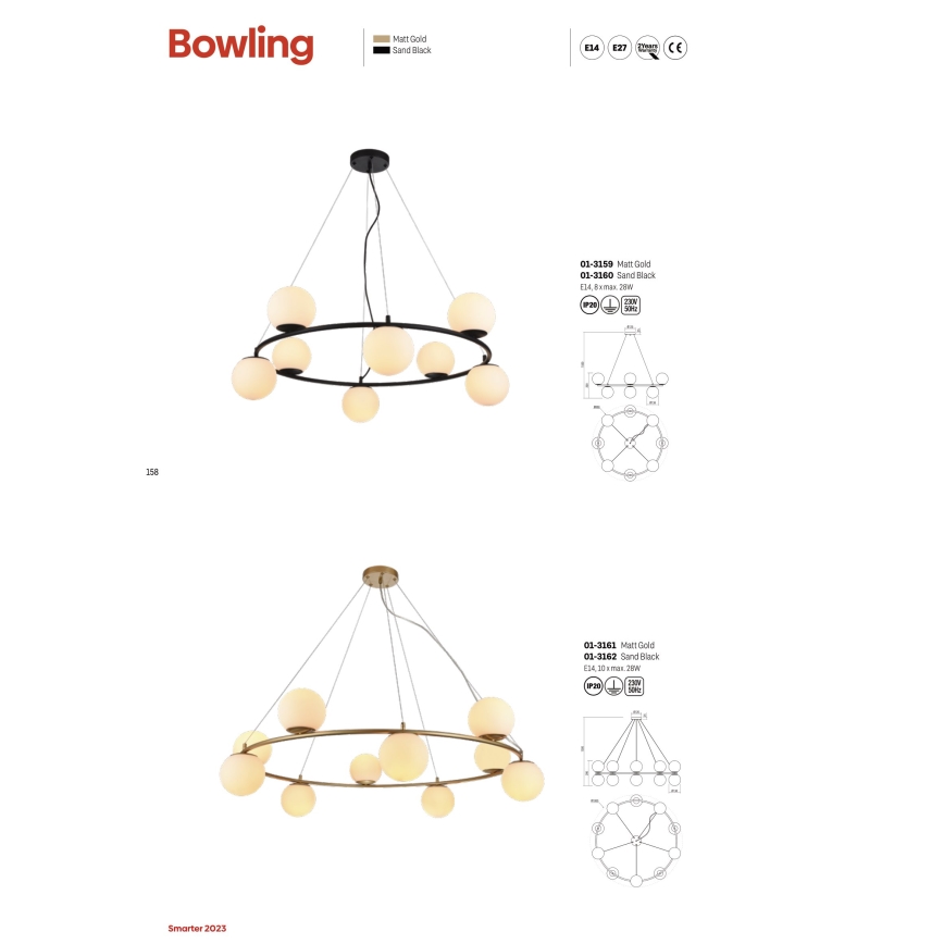 Redo 01-3157 - Luster na sajli BOWLING 6xE14/28W/230V zlatna